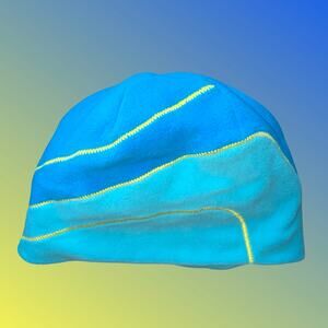 LL Bean Kids Fleece Beanie Hat Blue Medium Yellow Stitching Winter Winter Hat